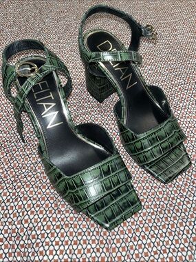 Deltan Green Croc-Embossed Block Heel Sandals